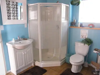 a bathroom with a shower and a toilet and a sink at Silvern Lake Trail Bed and Breakfast in Smithers