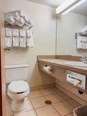 a bathroom with a toilet and a sink and a mirror at Super 8 by Wyndham High River AB in High River