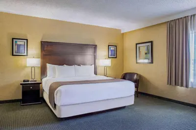 a hotel room with a large bed and a window at Days Inn by Wyndham Cranbrook Conference Centre in Cranbrook