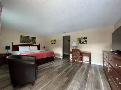 a hotel room with a bed and a desk and a chair at Villa Motel in Nelson