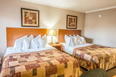 a hotel room with two beds and two lamps at Canalta Stettler in Stettler