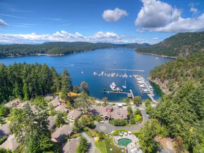 an aerial view of a marina on a lake at Poets Cove Resort & Spa in Bedwell Harbour