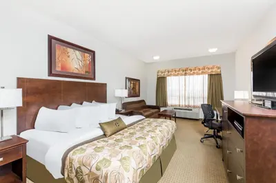 a hotel room with a bed and a desk at Ramada by Wyndham Olds in Olds