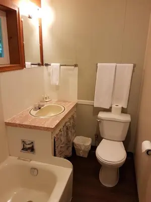a bathroom with a white toilet and a sink at Holiday Motel & RV Resort in Hope