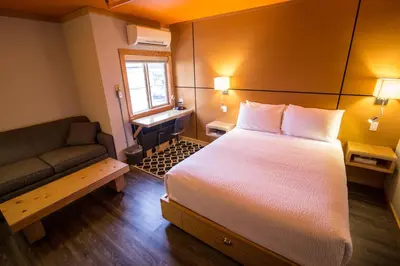 a bedroom with a bed and a couch and a window at Adventure Hotel in Nelson