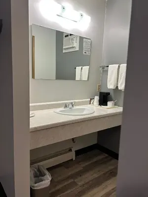 a bathroom with a sink and a mirror at Rimbey Motor Inn in Rimbey