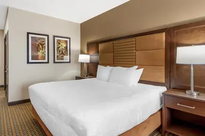 a hotel room with a large bed and a lamp at Best Western Plus Hinton Inn & Suites in Hinton