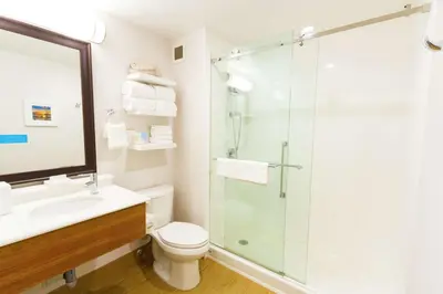 a bathroom with a shower and a toilet and a sink at Hampton Inn - Vancouver Airport/Richmond in Richmond