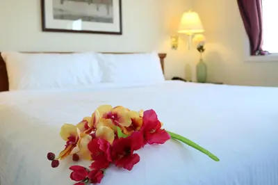 a bouquet of flowers sitting on top of a bed at Nomad Hotel & Suites in Fort McMurray