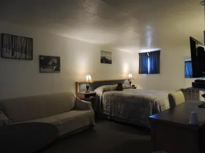 a hotel room with a bed and a cat laying on it at 100 Mile Motel & RV Park in One Hundred Mile House
