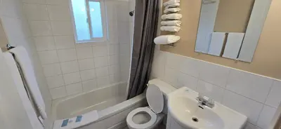a bathroom with a toilet and a sink at Flamingo Motel in Penticton