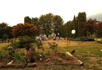a group of people sitting in a park with a balloon at Harrison Hammond House Farmstay in Harrison Mills