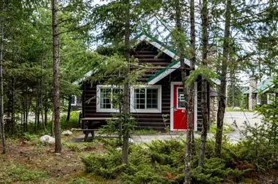 a log cabin with a red door in the woods at Pine Bungalows in Jasper