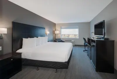 a hotel room with a large bed and a television at Coast Nisku Inn & Conference Centre in Nisku