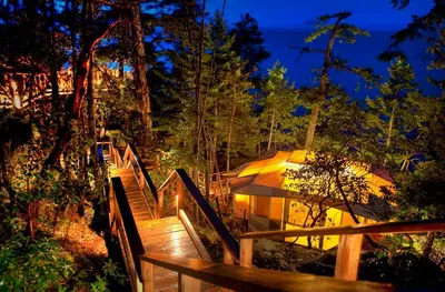 a wooden stairs leading up to a tent in the woods at night at Rockwater Secret Cove Resort in Sechelt