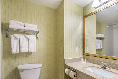 a bathroom with a sink and a toilet and a mirror at Clarion Hotel & Conference Centre in Sherwood Park