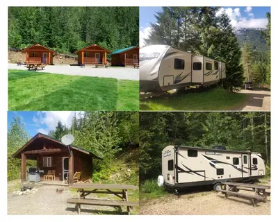 a collage of four pictures of a campsite with a tent and a trailer at Noah's Ark Campground in Revelstoke