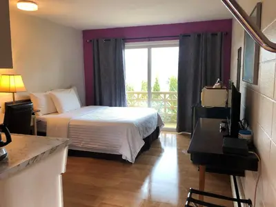 a hotel room with a bed and a window at Holiday House Motel in Ladysmith