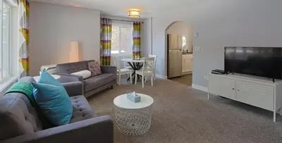a living room with a couch and a tv at Stoneshire Guesthouse in Clearwater