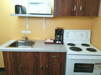 a kitchen with a sink and a stove and a microwave at Alpine Inn & Suites in Revelstoke