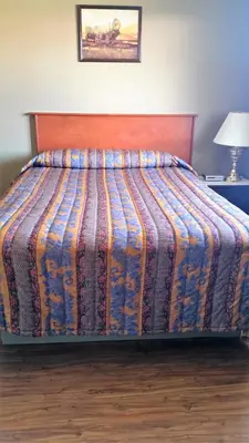 a bed with a colorful comforter in a bedroom at Viking Lamplighter Motel in Viking