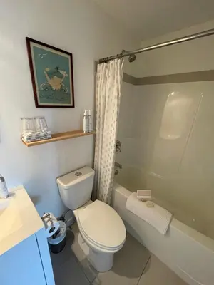 a bathroom with a toilet and a shower at Sounds of the Sea in Ucluelet