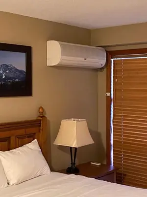 a bedroom with a bed with a fan and a lamp at #433 The Aspens On Blackcomb in Whistler