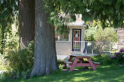a picnic table next to a tree in a yard at Seaside Villa Motel & RV Park in Powell River