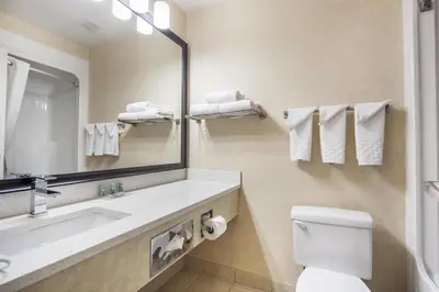 a bathroom with a sink and a toilet and a mirror at Best Western Cold Lake Inn in Cold Lake