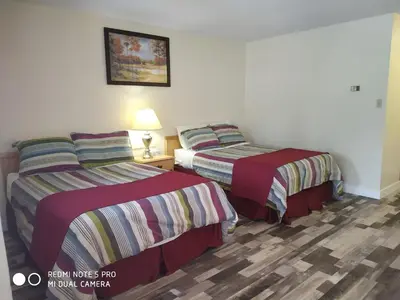 a hotel room with two beds and a lamp at Pleasant Valley Motel Houston in Houston