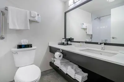 a bathroom with a toilet and a sink and a mirror at Bayside Resort, an Ascend Collection Resort in Parksville
