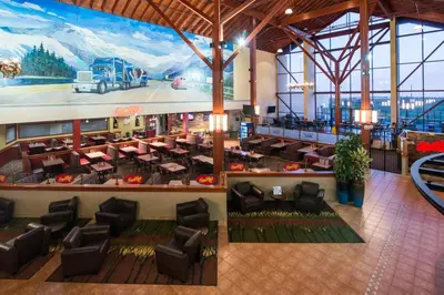 an overhead view of the lobby of a restaurant at Super 8 by Wyndham Sherwood Park/Edmonton Area in Sherwood Park