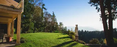 a house with a grassy yard with a statue on it at Rae Leigh Heights BnB in Saanichton