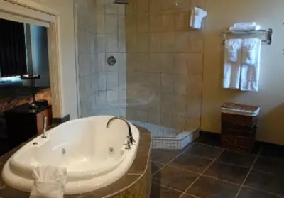 a bathroom with a bath tub and a shower at Ciliegia Villa in Osoyoos