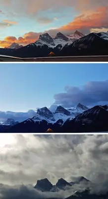 two different views of a snow covered mountain range at Downtown Loft, Mountain Views, Fireplace, Couple's Retreat, Walker's Paradise in Canmore