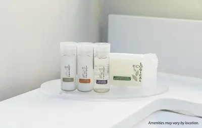 a white shelf with three tubes of toiletries on it at Days Inn by Wyndham Chetwynd in Chetwynd