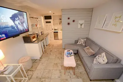 a living room with a couch and a tv at Newly Renovated Whistler Studio in Whistler