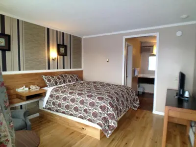 a bedroom with a bed and a desk and a chair at Galaxy Motel in St. Paul