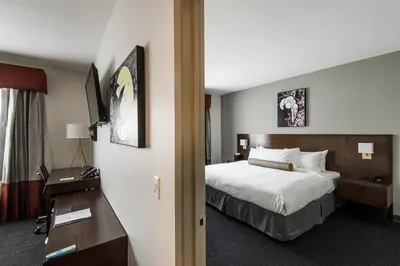 a hotel room with a bed and a desk and a television at Edgewater Hotel in Whitehorse