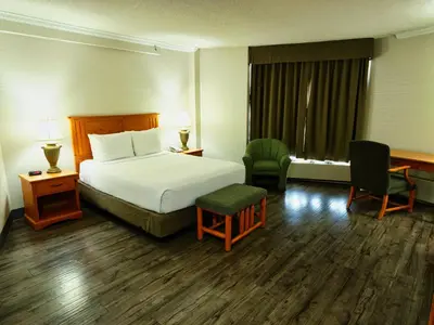 a hotel room with a bed and a desk and chair at Continental Inn & Suites in Edmonton