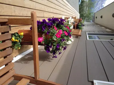 a row of benches with flowers on a deck at Parkside Inn in Haines Junction