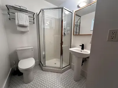 a bathroom with a shower and a toilet and a sink at Cozy 2 Bedroom Waterfront Cottage With Hot Tub! in Ucluelet