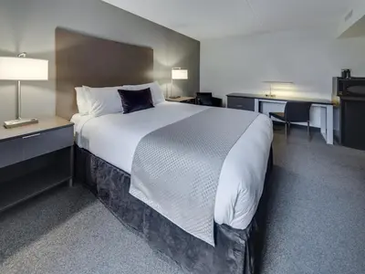 a hotel room with a large bed and a desk at Heritage Inn Hotel & Convention Centre - Brooks in Brooks