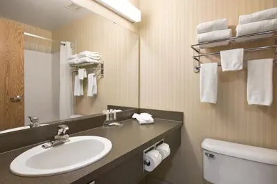 a bathroom with a sink and a toilet and a mirror at Super 8 by Wyndham High Level AB in High Level