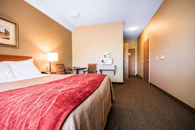 a hotel room with a bed and a microwave at Comfort Inn & Suites in Langley