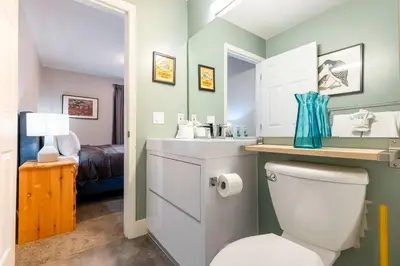 a bathroom with a white toilet and a sink at Ski In & 15 Minute Walk to the Lifts Hot Tub AC Pet Friendly in Fernie