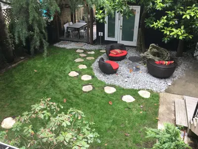 an aerial view of a garden with some rocks in the grass at House On Dunbar B&B in Vancouver