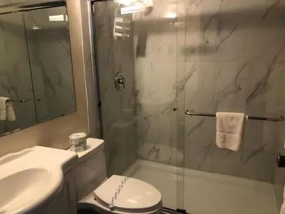 a bathroom with a shower and a toilet and a sink at Houston Motor Inn in Houston