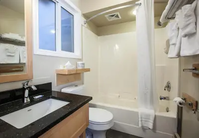 a bathroom with a sink and a toilet and a tub at Swiss Chalet Motel in Revelstoke