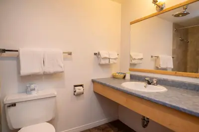 a bathroom with a toilet and a sink and a mirror at Canadas Best Value Inn- Riverview Hotel in Whitehorse